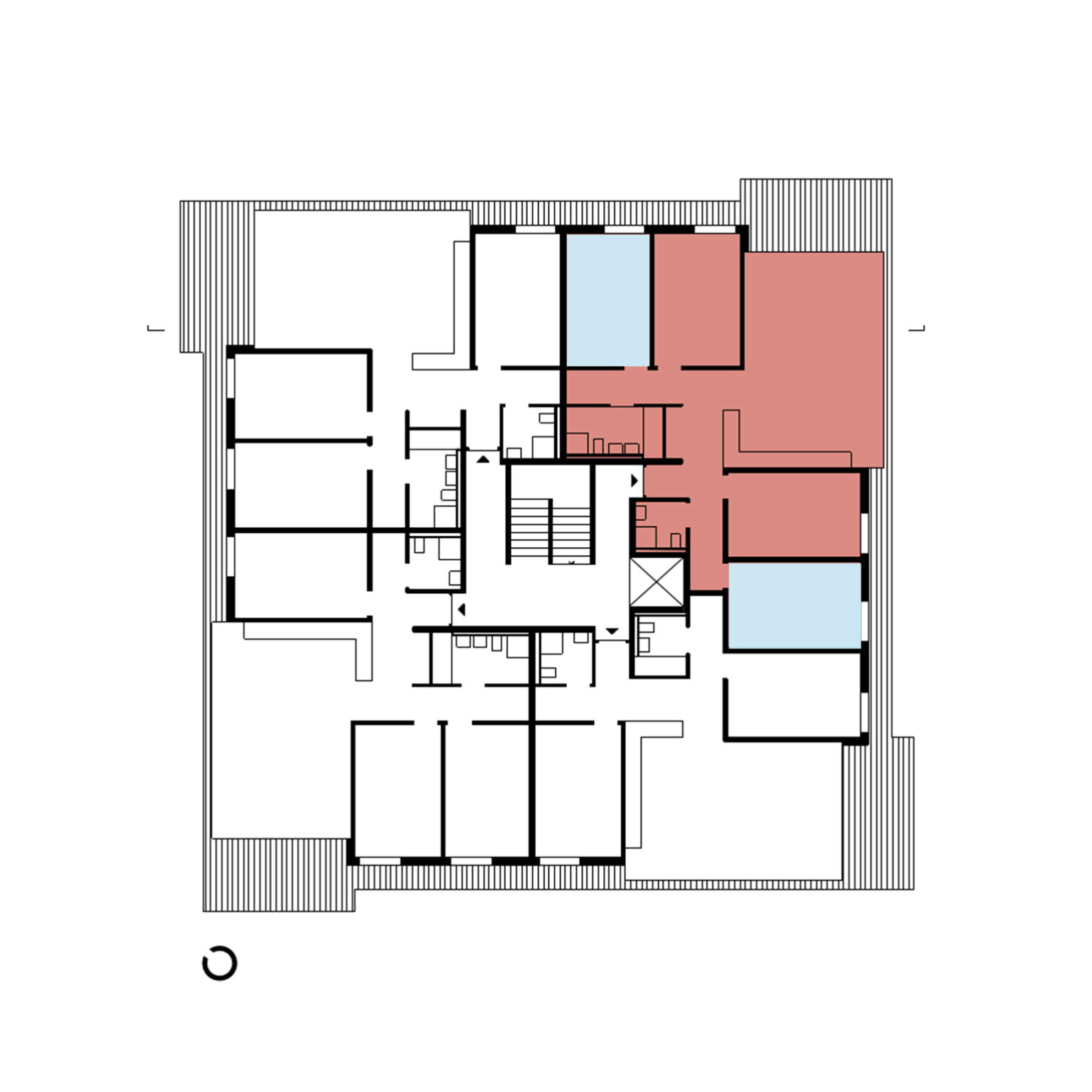 Steinacker, Wohnungsgrundriss mit farbiger Markierung Schaltzimmer